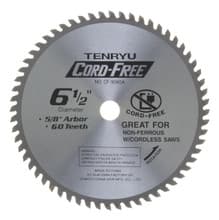 Alumi-Cut Saw Blade, 6-1/2" Dia, 60T, 0.079" Kerf, 5/8" Arbor, Tenryu CF-16560A