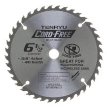 Cord Free Saw Blade, 6-1/2" Dia, 40T, 0.059" Kerf, 5/8" Arbor, Tenryu CF-16540W